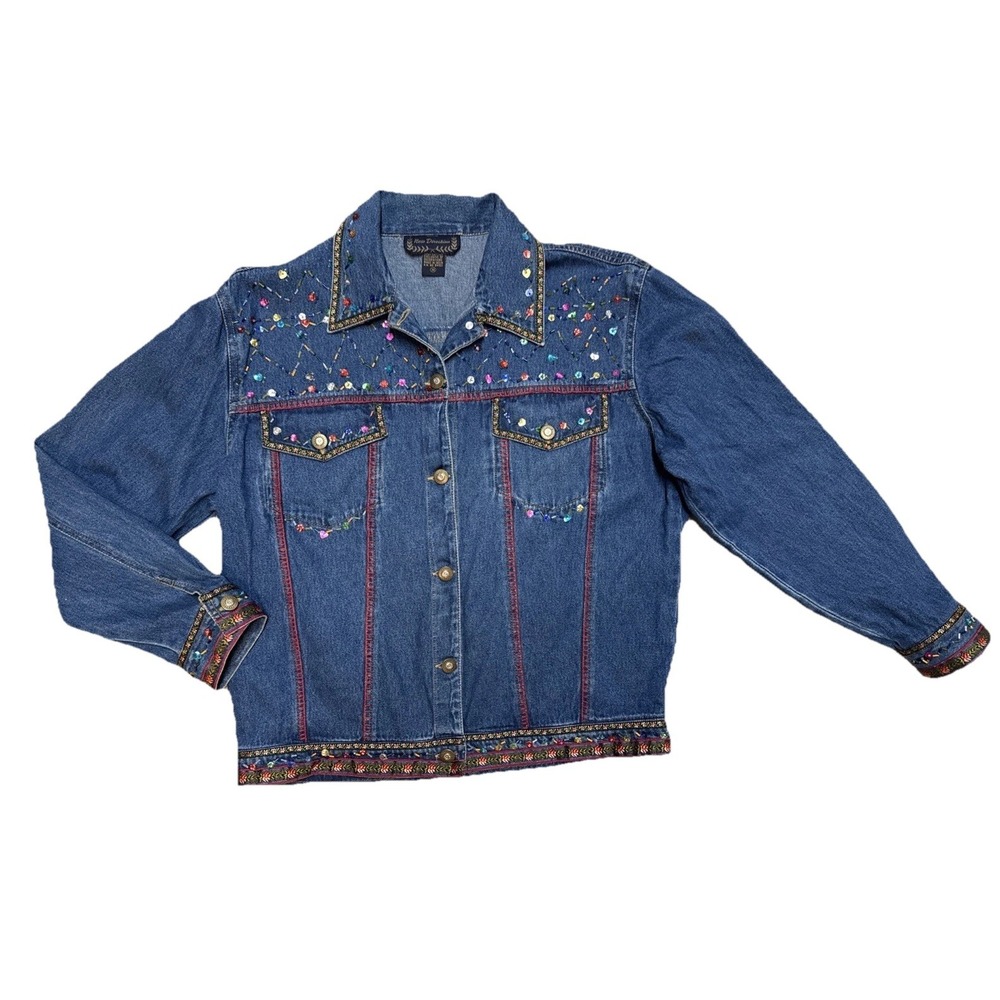 Vtg New Direction Jean Jacket Womens Beaded Floral Embroidered Y2K 90s Festival